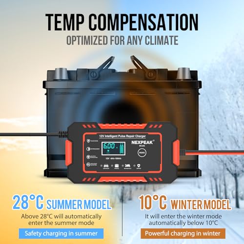 6-Amp Car Battery Charger, 12V Smart Fully Automatic Battery Charger with Temperature Compensation for Car Truck Motorcycle Marine Lead Acid Batteries