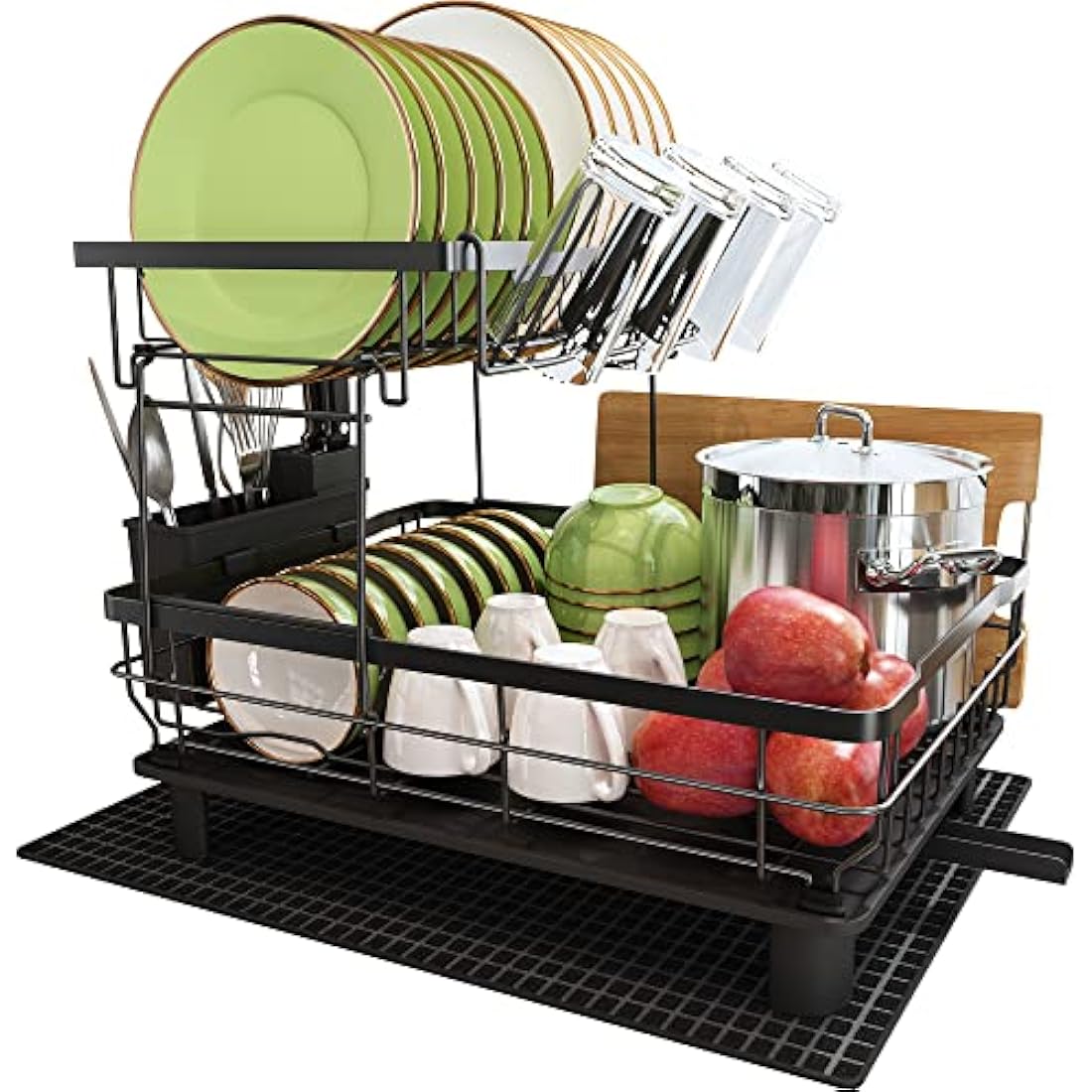Dish Drainer Rack, 2 Tier Dish Drainer with Drip Tray and Drying Mat, Stainless Steel Draining Board Rack with 360° Swivel Drainage Spout, Utensil Holder, Cups Holder, Cutting-Board Holder, Black