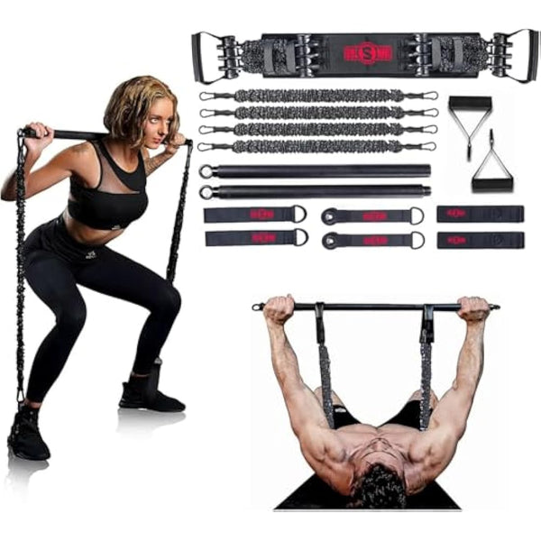INNSTAR Portable Home Gym Set with Workout Bar, Bench Press Set, Squat Resistance Band, Door Anchor and More-Full Body Workout Equipment to Build Muscle and Shape Body