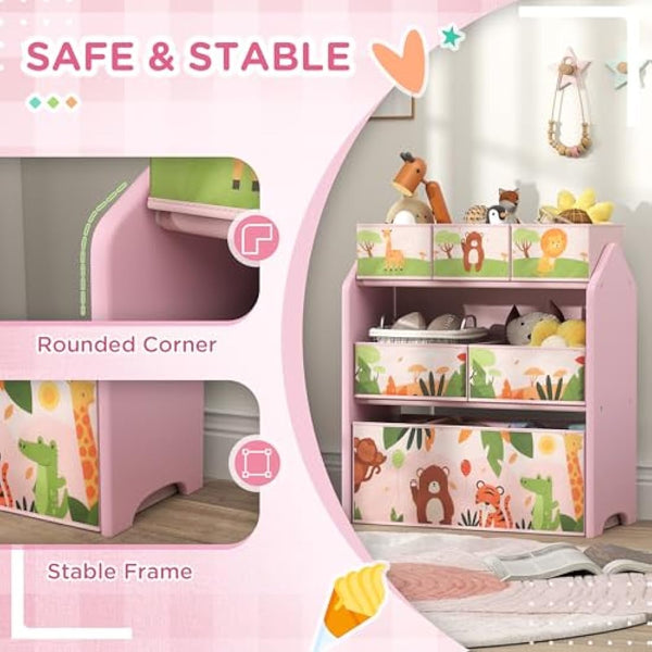 AIYAPLAY Kids Storage Unit, 3-Tier Toy Organiser Shelf with 6 Removable Storage Boxes, for Playroom, Bedroom, Children's Room, Nursery, Pink