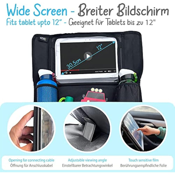 HECKBO 1x car backseat organizer with adjustable tablet pocket for tablets up to 20 inches with touch foil - monster truck - universal fit - incl. thermo pocket + stretch net pocket - washable