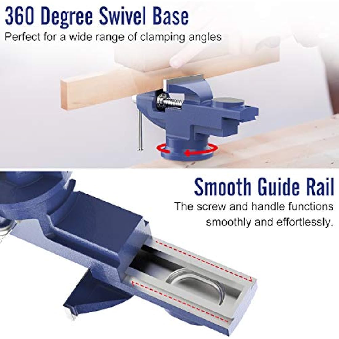 Housolution Universal Table Vice 3 Inch, 360° Swivel Base Bench Clamp Home Repair Tool - Portable Work Bench for Woodworking, Cutting Conduit, Drilling, Metalworking - Blue