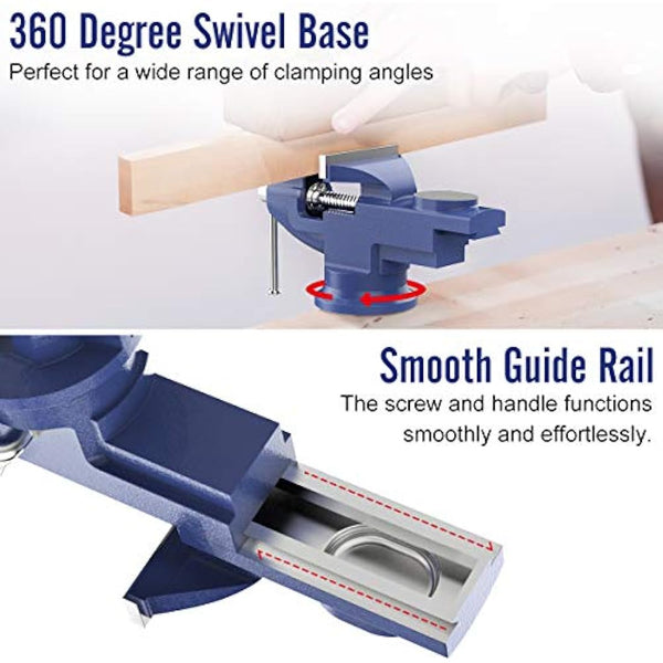 Housolution Universal Table Vice 3 Inch, 360° Swivel Base Bench Clamp Home Repair Tool - Portable Work Bench for Woodworking, Cutting Conduit, Drilling, Metalworking - Blue
