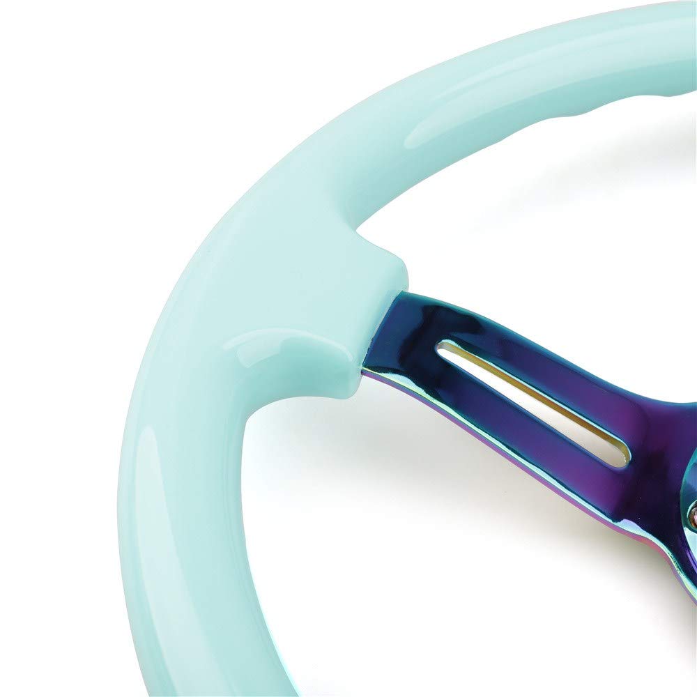 350mm Green Racing Steering Wheel Neo Chrome Spoke Universal 6 Bolts 45mm Deep Dish Classic ABS Wood Steering Wheel with Horn Button