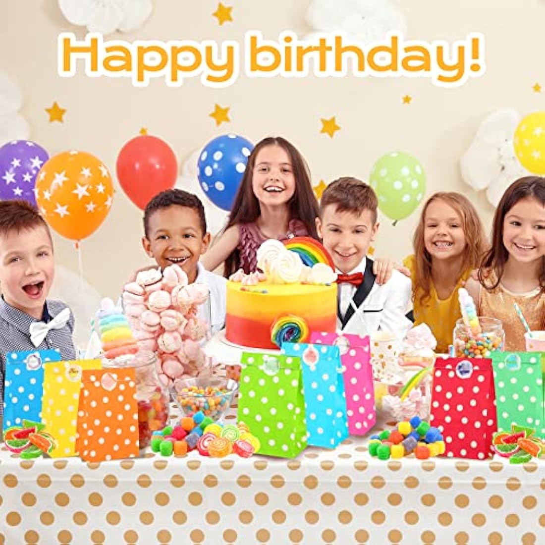 50 PCS Paper Party Bags for Kids, TOOELMON Dots Kraft Paper Gift Bags Candy Goodie Treat Bags with 60 PCS Stickers for Birthday, Picnic, Wedding Parties (130 * 80 * 240mm, Round Dot-50pcs)