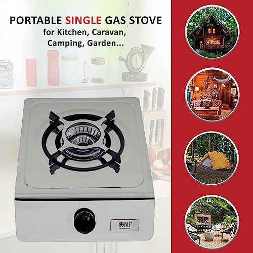 NJ-100SD Indoor Gas Stove - Single Burner Portable Gas Hob LPG Cooker Caravan Cooktop Stainless Steel Freestanding Table Top for Home Kitchen Camping