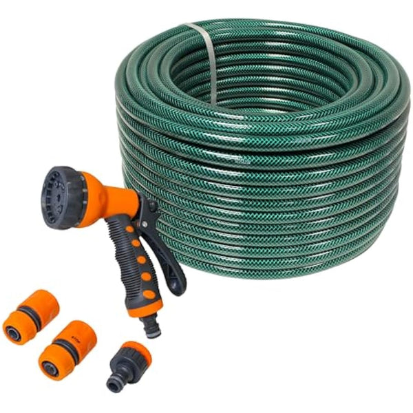 Faithfull 50M (164ft) Reinforced Hose Kit – PVC Garden Hose Pipe with 3 Fittings & Multipattern Spray Gun