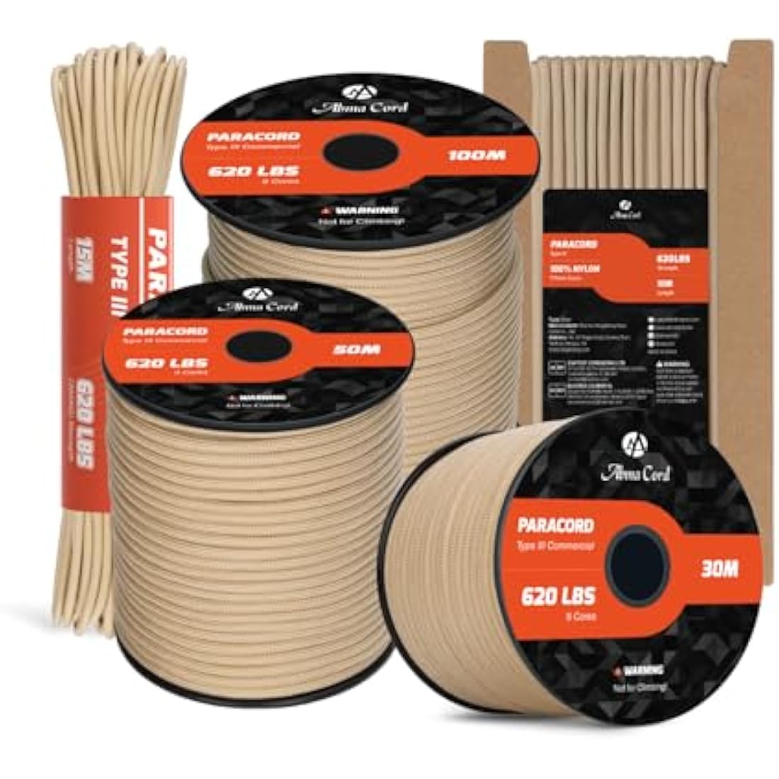 Abma Cord Paracord 4mm 100m 100% Nylon Rope 9 Strands Type III Parachute Cord for DIY, Camping, Survival, Outdoor - Max. 280kg - Khaki