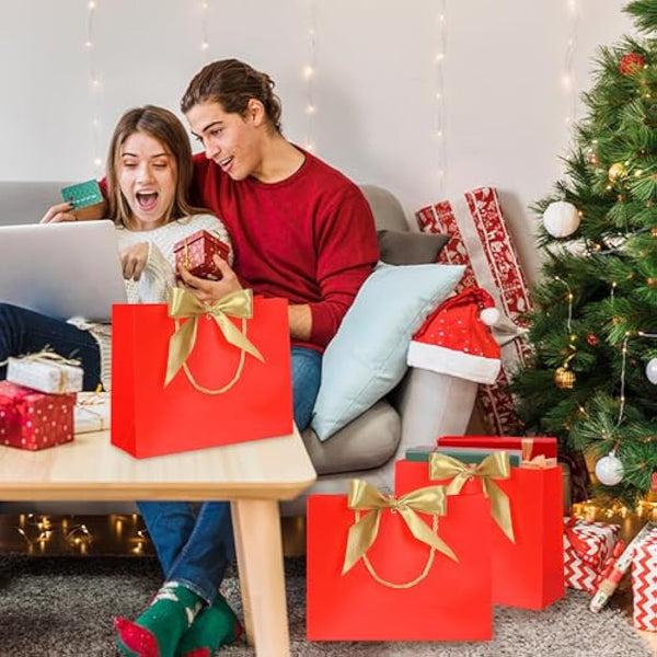 10pcs Gift Bag With Gold Ribbin Luxury Paper Party bag With Handles For Wedding Birthday Baby Shower Halloween Christams((32 * 25 * 10cm) (Red)