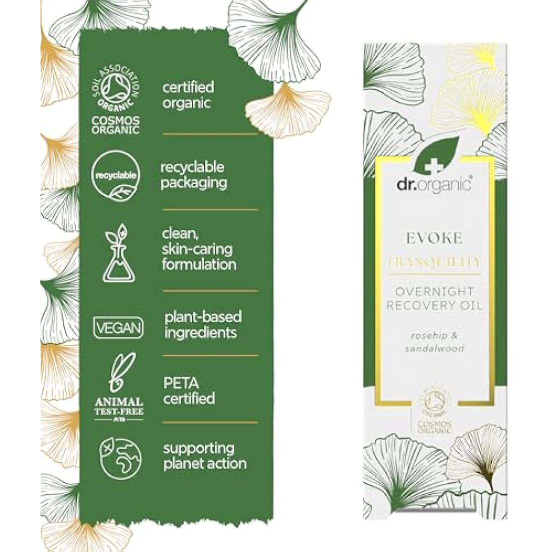 Dr Organic Evoke Tranquility Overnight Recovery Oil, Hydrating Night Serum, Restore Skin, with Rosehip & Sandalwood, Vegan, Natural, Certified Organic, 30ml