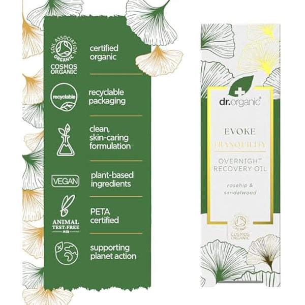 Dr Organic Evoke Tranquility Overnight Recovery Oil, Hydrating Night Serum, Restore Skin, with Rosehip & Sandalwood, Vegan, Natural, Certified Organic, 30ml