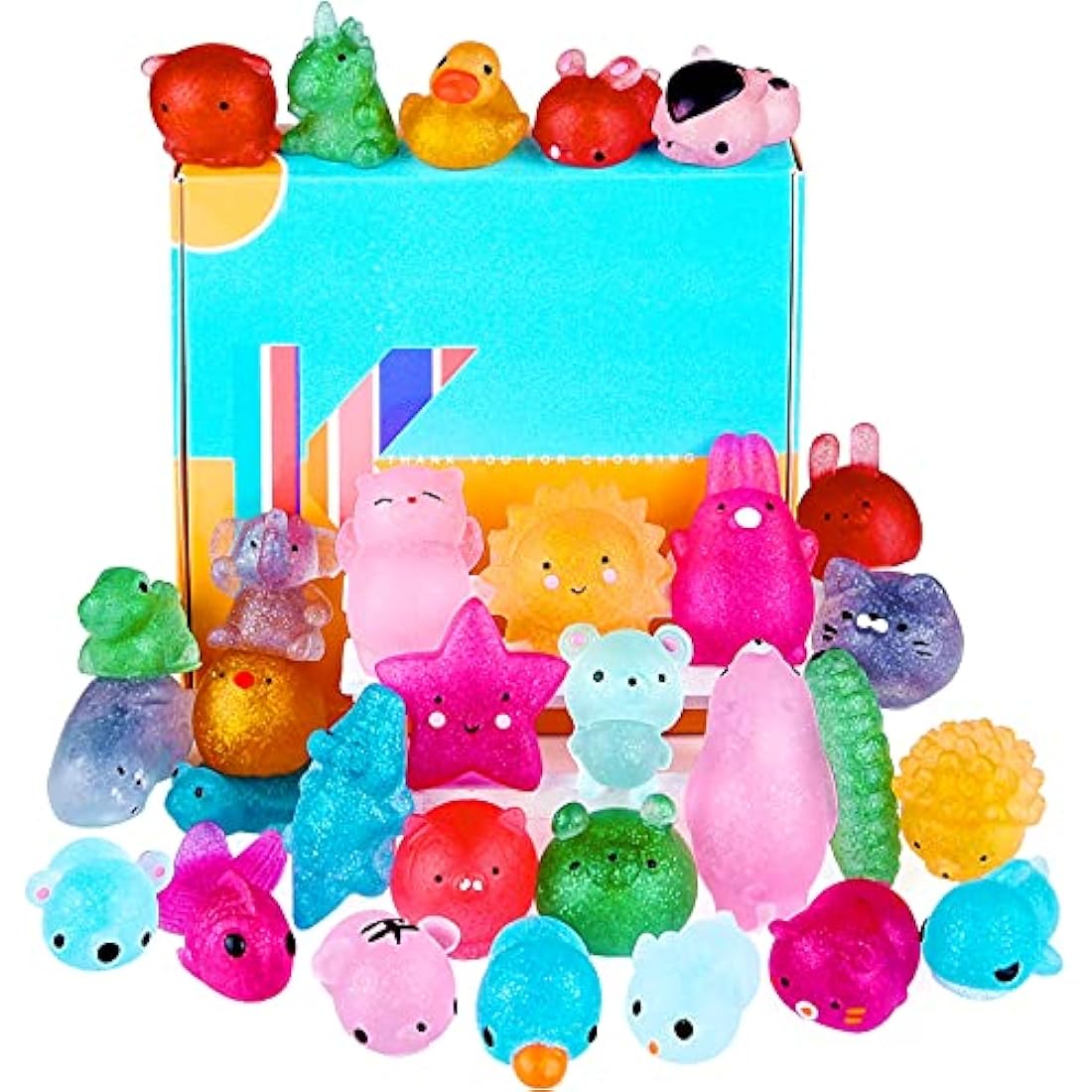 KUUQA 30pcs Glitter Squishys Toys, Squeeze Animal Toys for Sensory Adults Stress Relief Toys Goodie Bag Fillers Birthday Party Favors for Kids Easter Egg Fillers