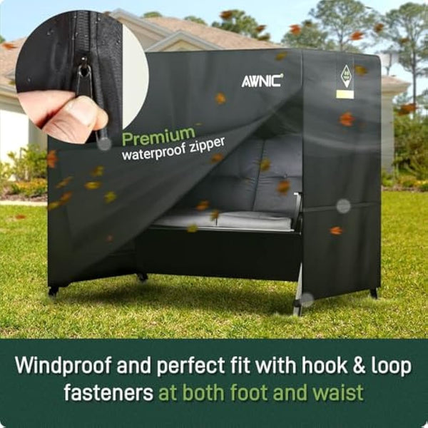 AWNIC 3 Seater Garden Swing Seat Cover Waterproof, 420D Swing Chair Covers Windproof Anti-UV Heavy Duty Fabric Large Outdoor Garden Hammock Cover with Zips 210x125x170cm Black