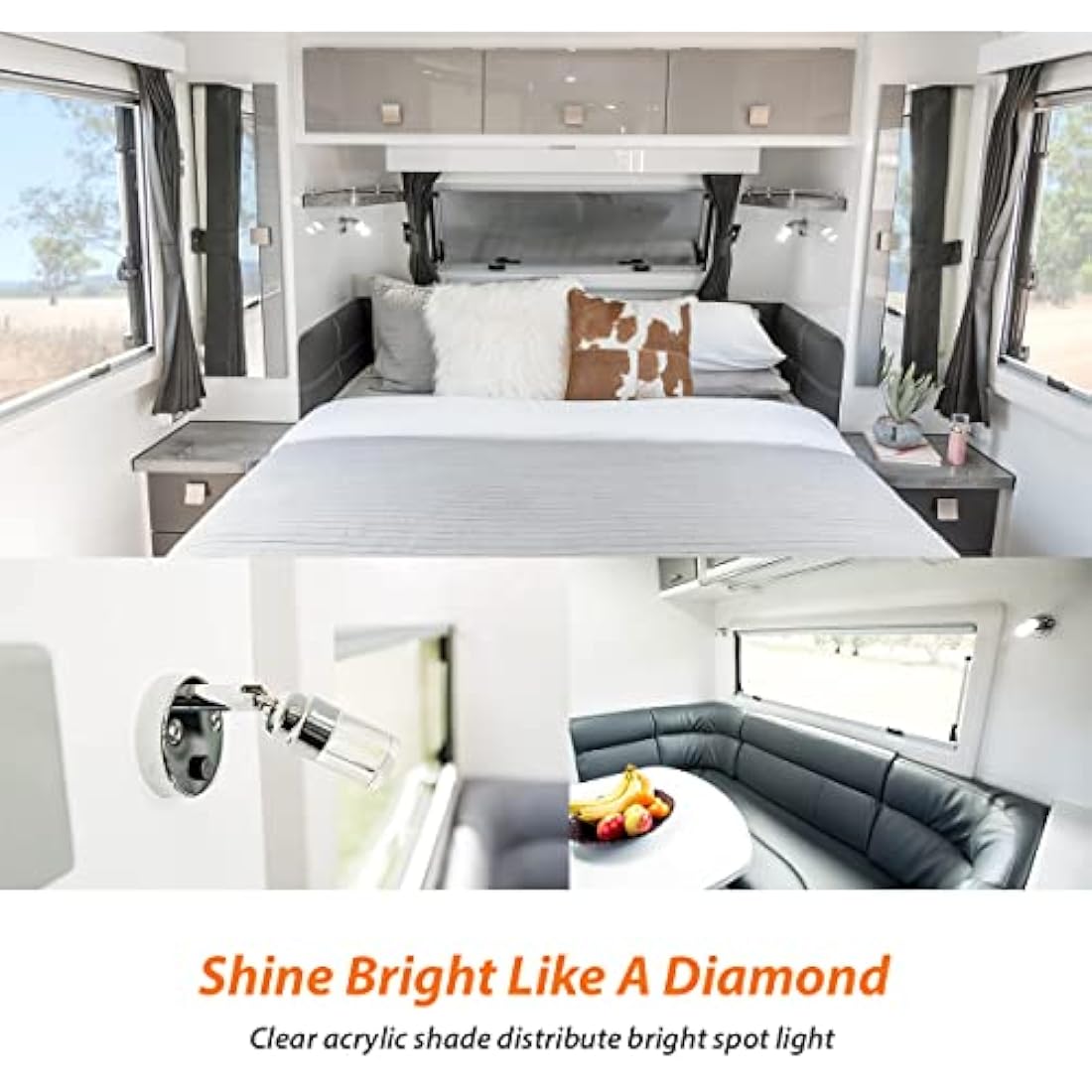 Dream Lighting 2 x 12v Reading Light Cool White - 6000K 2W 100LM with Blue Night Lighting - Wall Sopt Lights for Caravan Campervan Motorhome Boat - Chrome Plated Housing with Clear Acrylic Lampshade