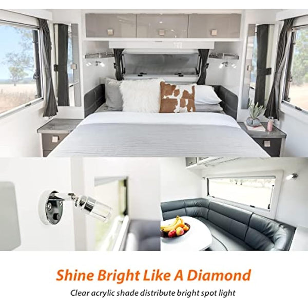 Dream Lighting 2 x 12v Reading Light Cool White - 6000K 2W 100LM with Blue Night Lighting - Wall Sopt Lights for Caravan Campervan Motorhome Boat - Chrome Plated Housing with Clear Acrylic Lampshade