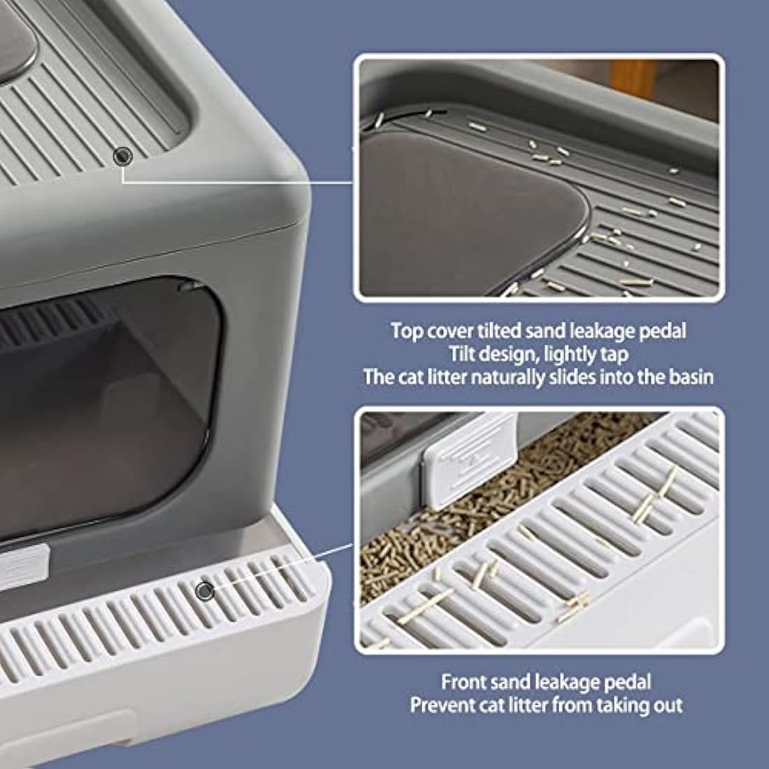 BingoPaw Cat Litter Tray Box: Foldable Top Entry Large Cats Toilet with Lid - Hooded Kitten Litter Tray Easy Cleaning Drawer Design with Scoop Grey