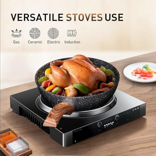 DishDelight 12 Piece Non-Stick Pots and Pans Set, Nonstick Induction Granite-Coated Cookware Set, Nonstick Saucepan Set, Black