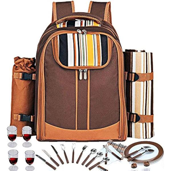 Hap Tim luxury 4 Person Picnic Backpack Picnic Rucksack Bag Hamper with Insulated Cooler Compartment includes Tableware & Fleece Blanket(EU3065)