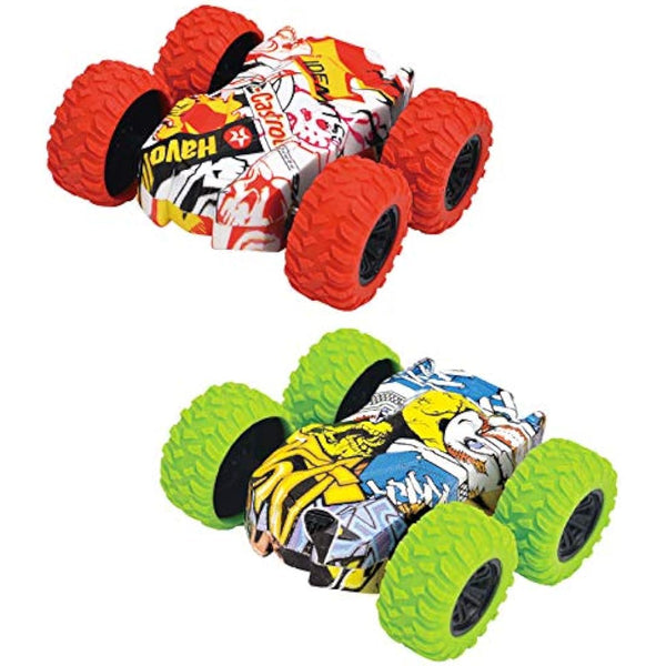 Double Side Pull Back 2 Pack Mini Stunt Graffiti Kids Car - Friction Powered 360° Rotating Off Road Model for 3-10 Year Old Boys & Girls