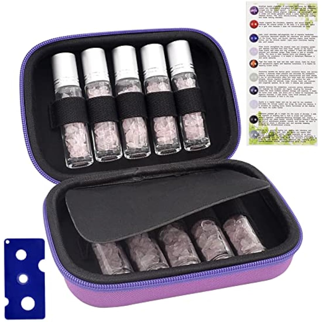 Essential Oil Roller Bottle EVA Carrying Travel Case and 10pcs Essential Oil Gemstone Roller Ball Bottles Frosted Glass Inside 10ml Healing Crystal Chips