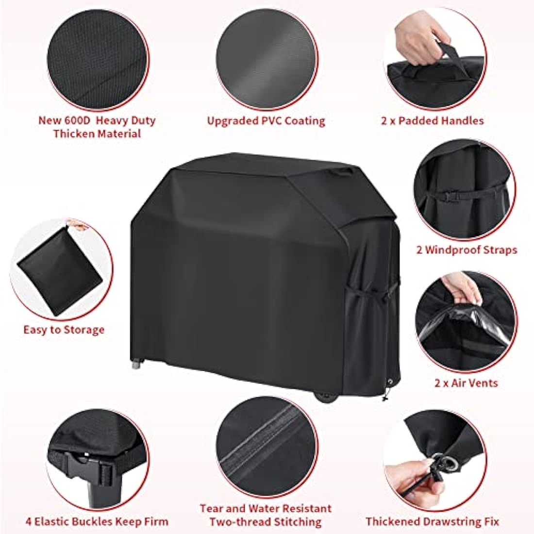 BBQ Cover, BBQ Covers Waterproof Heavy Duty Large 600D with Handle Vent Strap Drawstring Buckle Large BBQ Cover Rip-proof Dust-proof Anti-UV for Weber Brinkmann Outback Char Broil etc (150x63x119cm)