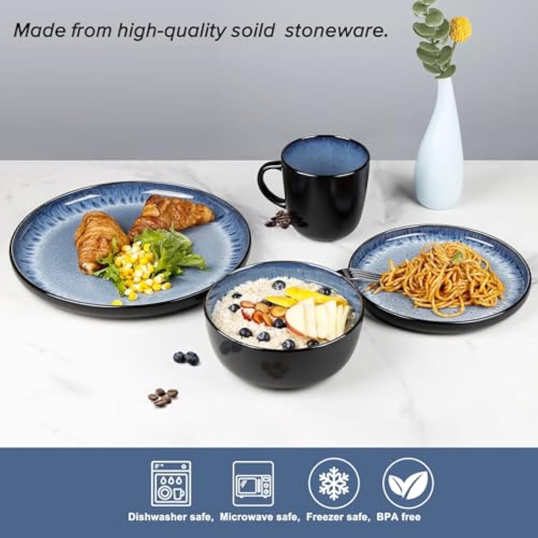 Greentainer Handmade Stoneware Dinnerware Set, Ocean Blue Dinner Set, 16-Piece Dinner Service Set with Dinner Plate, Dessert Plate, Bowl and Mug, Dishwasher & Microwave Safe, Service for 4