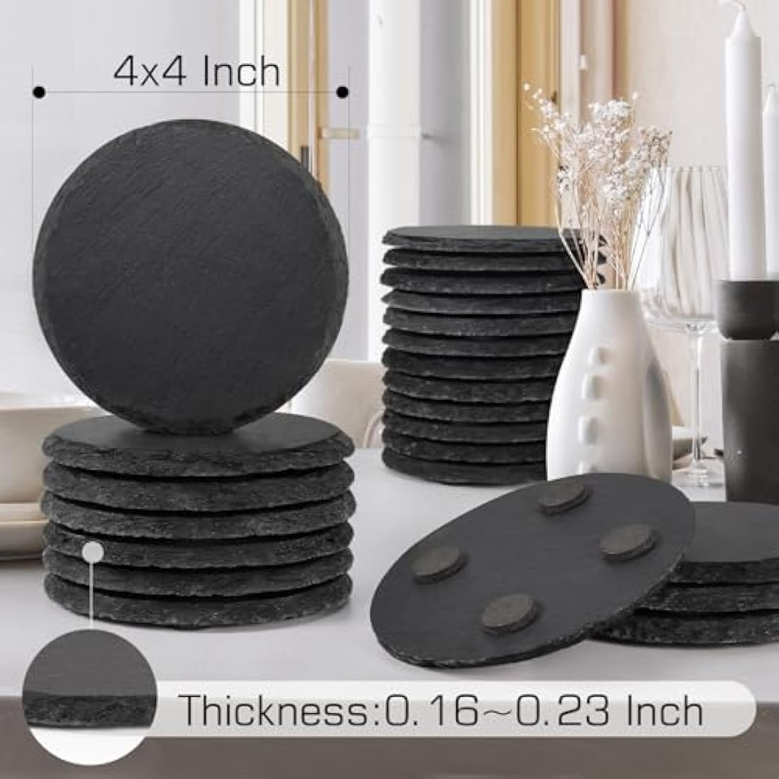 48 PCS Round Slate Coasters for Drinks, WEWINK PLUS 4 Inch Blank Black Stone Coasters Bulk with Anti-Scratch Backing for Laser Engraving, Home Decor, Bar,Wedding, Housewarming Gifts
