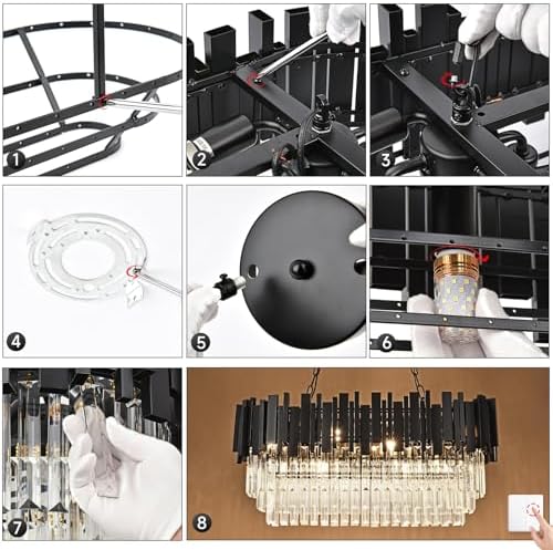 AOOCHOK Modern Crystal Chandelier Black Pendant Light Fixtures, Oval Crystal Pendant Lighting for Living Room, Dining Room, Bedroom, Restaurant, E14 x 8, 80 x 35 cm