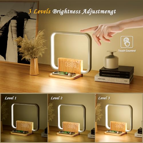 INSSISAIN Bedside Lamp with 10W Wireless Charger, Wake up Light with Snooze Digital Clock, 10 Soothing Nature Sounds and 3 Level Brightness Touch Lamp