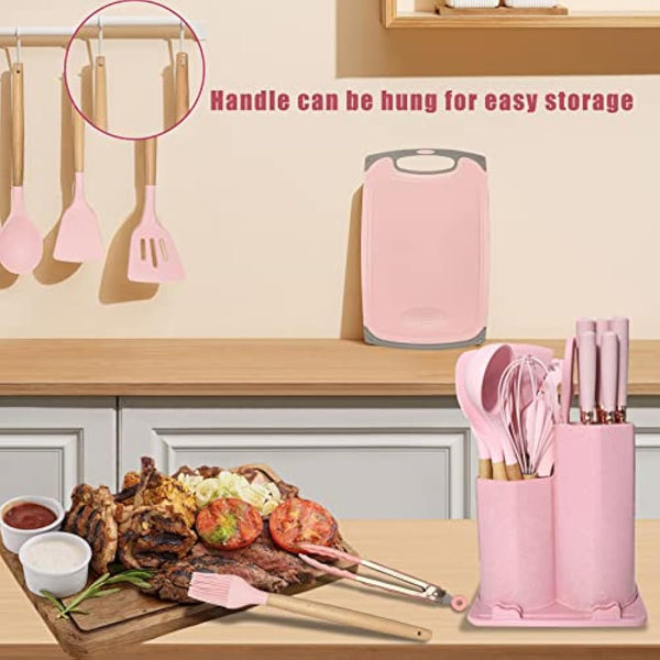 DLD New 29-Piece kitchenware,Cooking Gifts,Non-Stick Pans,Shovels, Spoons,Cutting Utensils,Wooden Handles,Heat-Resistant Silicone,Cutting Boards,Storage Barrels,Kitchen Gadget Sets