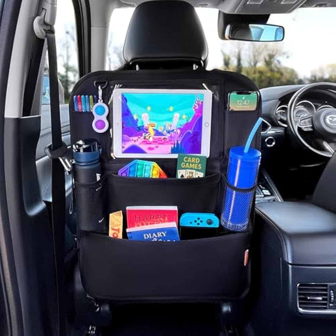 Huckaboo Car Seat Organiser - Kids Back Seat Organiser, Storage Pockets, Screen Holder, Black, 1 Pack