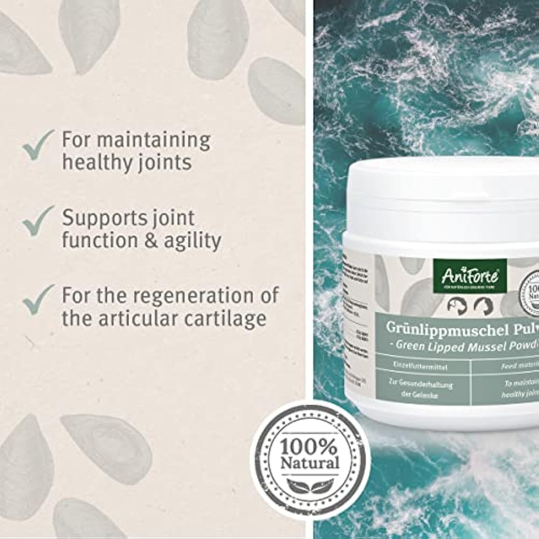 AniForte Green Lipped Mussel for Dogs and Cats 250g Powder - 100% Natural Joint Supplement with Glucosamine