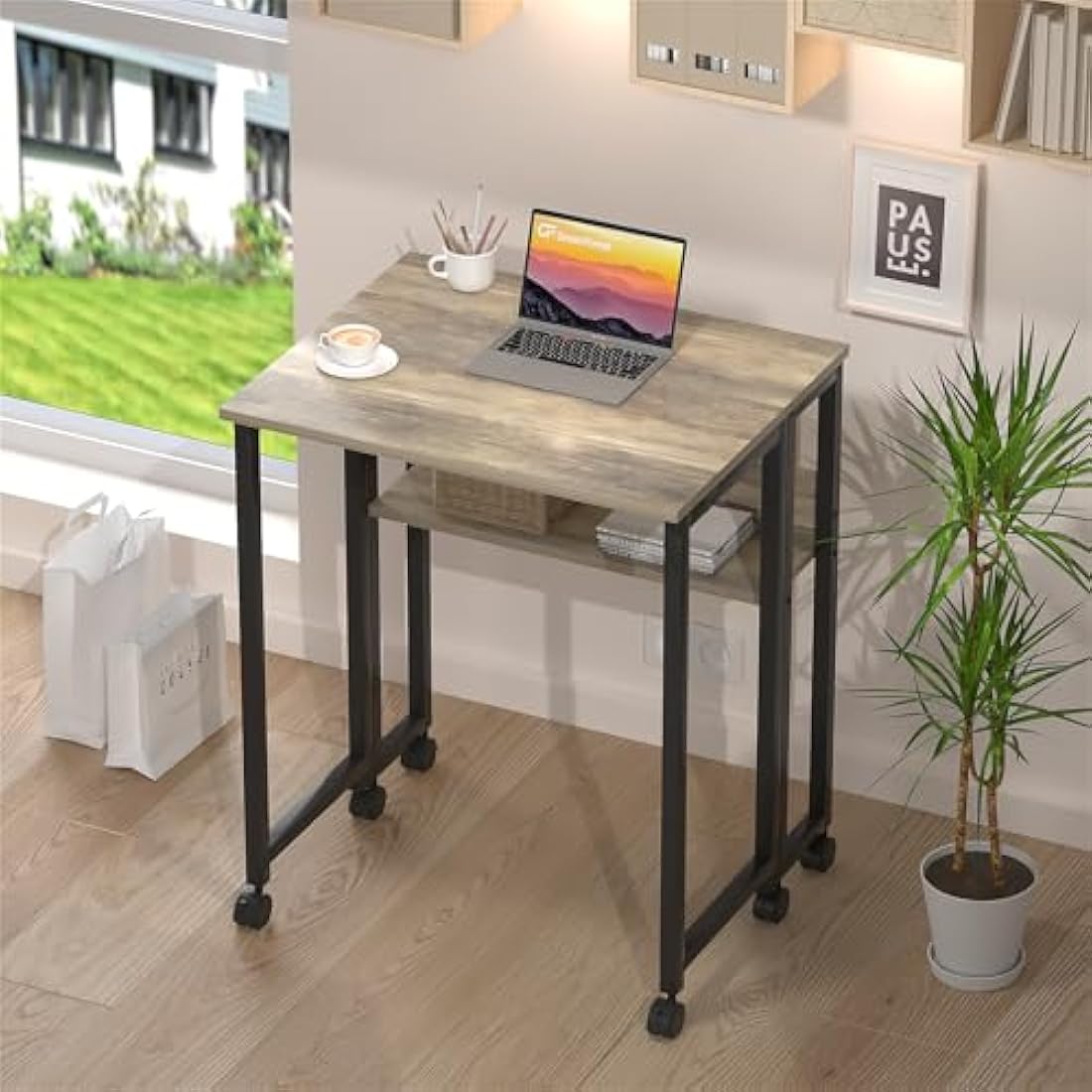 GreenForest Small Folding Desk with Storage Shelf,80 cm Computer Rolling Desk on Wheels Easy Assembly,Foldable desk for Small Space,Grey Wash