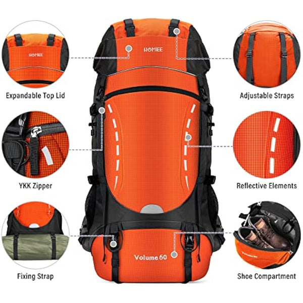 HOMIEE Hiking Backpack for Men Women, 60L Waterproof Rucksack with Rain Cover, Large Travel Backpack for Outdoor Sports Trekking Skiing Camping, Orange (LB6001)