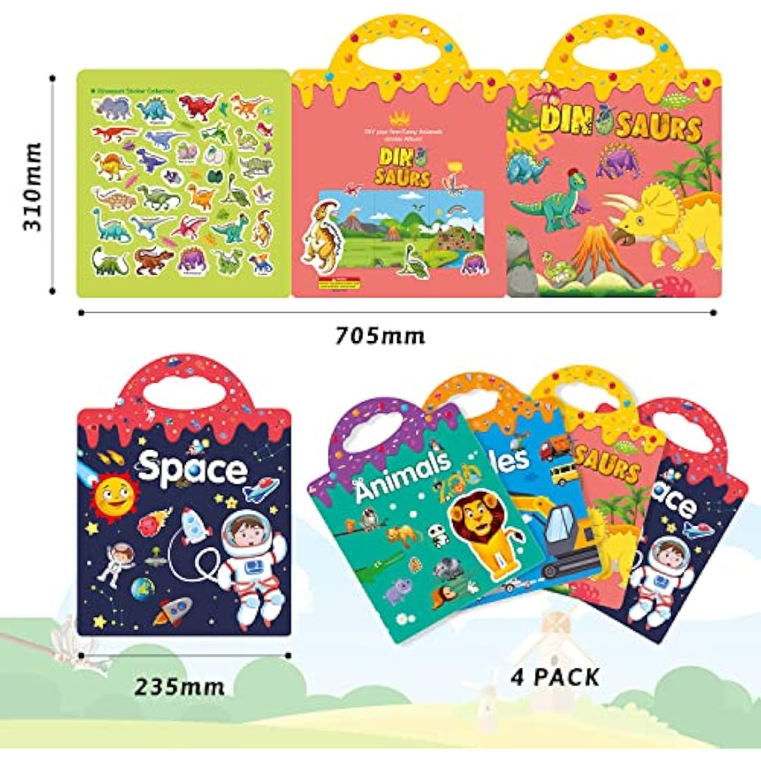 GUYUCOM 4 Pack Reusable Sticker Books, Toys for Age 3 4+ Year Old Kids Boys Girls Toddlers, 3D Clear Animal Space Vehicles Dinosaur Sticker Book Educational Learning Toy Birthday Gifts