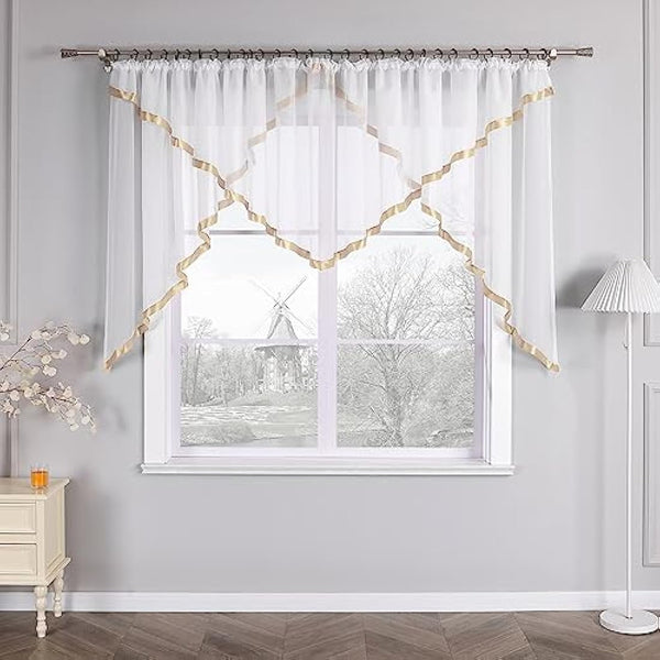 HongYa Kuvertstore Transparent Voile Curtain with Satin Ribbons Ruffle Tape Curtain H/W 120/300 cm Sand