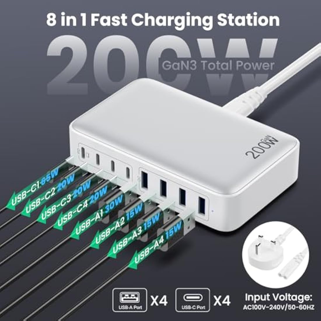 200W USB C Fast Charger Block,Upgraded GaN III 8-Port Charging Station Hub,PD 65W Laptop Charger Power Adapter Compatible with MacBook Pro/Air,Dell XPS, iPhone 16/15/Pro/14,Galaxy S24/S23 etc-White