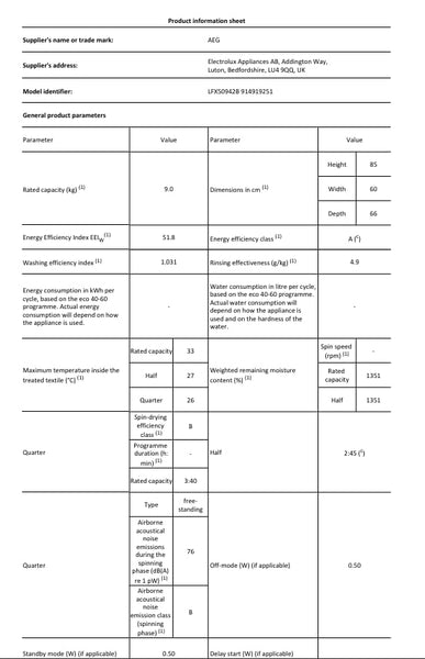 AEG 5000 Series Freestanding Washing Machine LFX50942B, Front Loading Full Size, 9kg, 1400 rpm, AntiAllergy Program, Quick Wash, TimeSave to Adjust Washing Cycles, Class A, White
