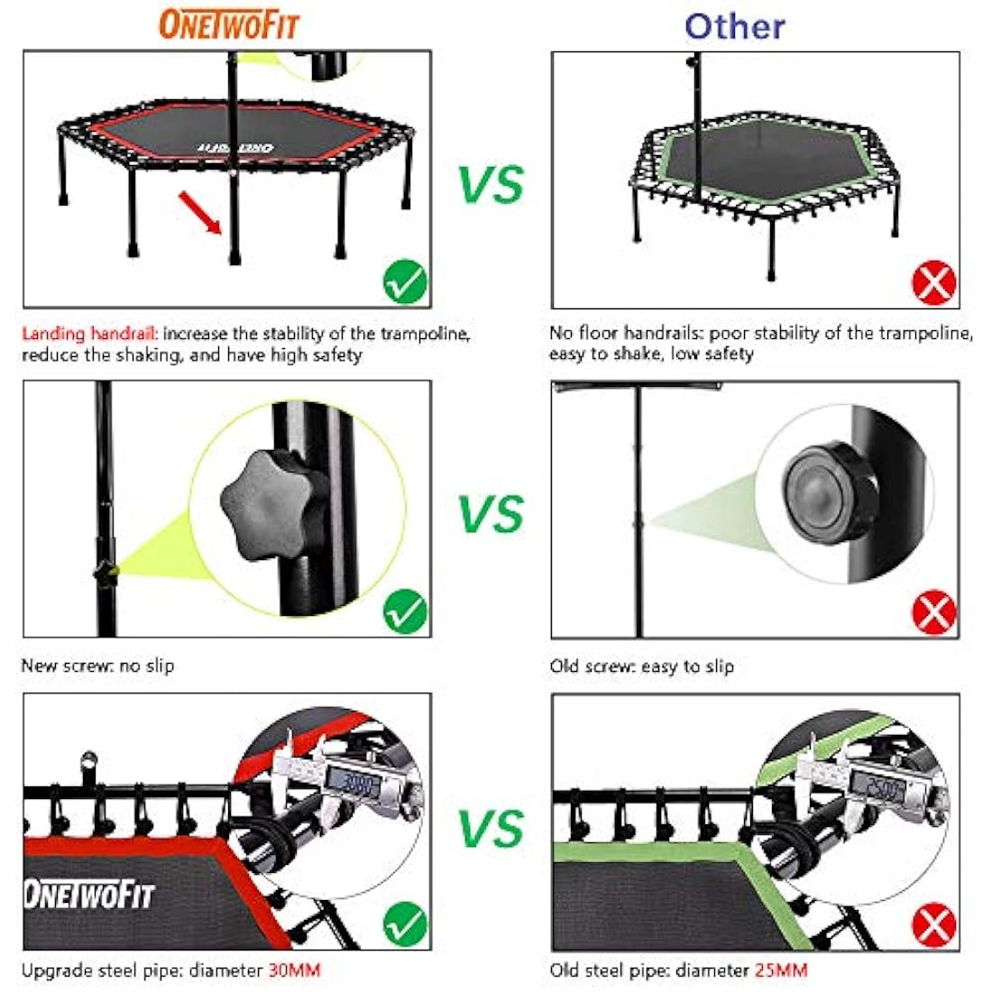 ONETWOFIT 45"/48"/51" Silent Mini Fitness Trampoline with Adjustable Handle Bar Fitness Trampoline Bungee Rebounder Jumping Cardio Trainer Workout for Adults or Kids