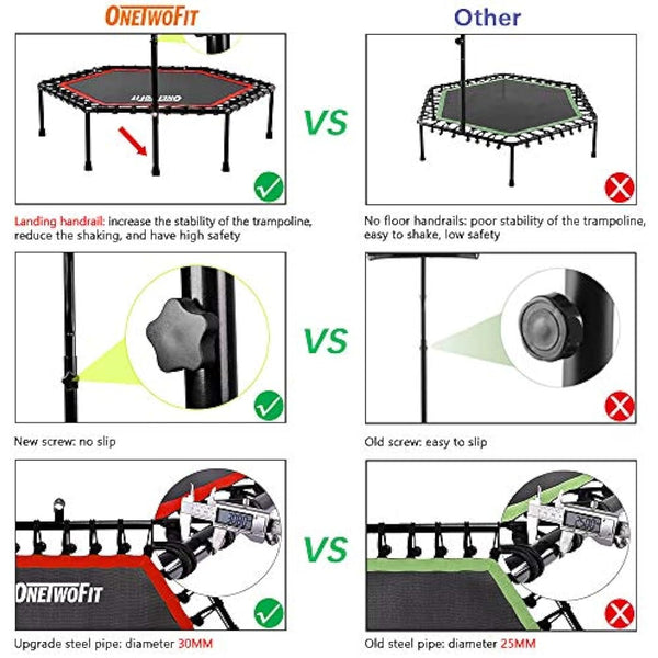 ONETWOFIT 45"/48"/51" Silent Mini Fitness Trampoline with Adjustable Handle Bar Fitness Trampoline Bungee Rebounder Jumping Cardio Trainer Workout for Adults or Kids