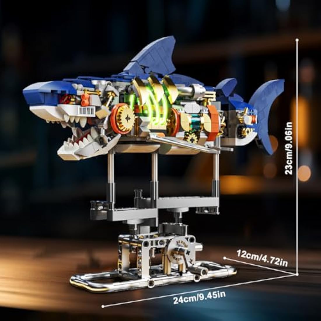INSOON Shark Building Set with Swingable Body & Light, 687 PCS Sea Animal Building Block Toy with Display Stand, Home Decor Collection Brick Kit for Adults, Creative Gift Idea for Kids Boys Ages 12+