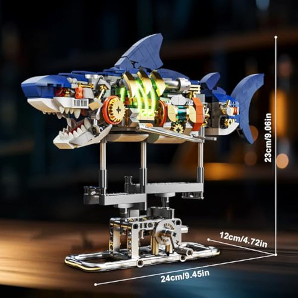 INSOON Shark Building Set with Swingable Body & Light, 687 PCS Sea Animal Building Block Toy with Display Stand, Home Decor Collection Brick Kit for Adults, Creative Gift Idea for Kids Boys Ages 12+