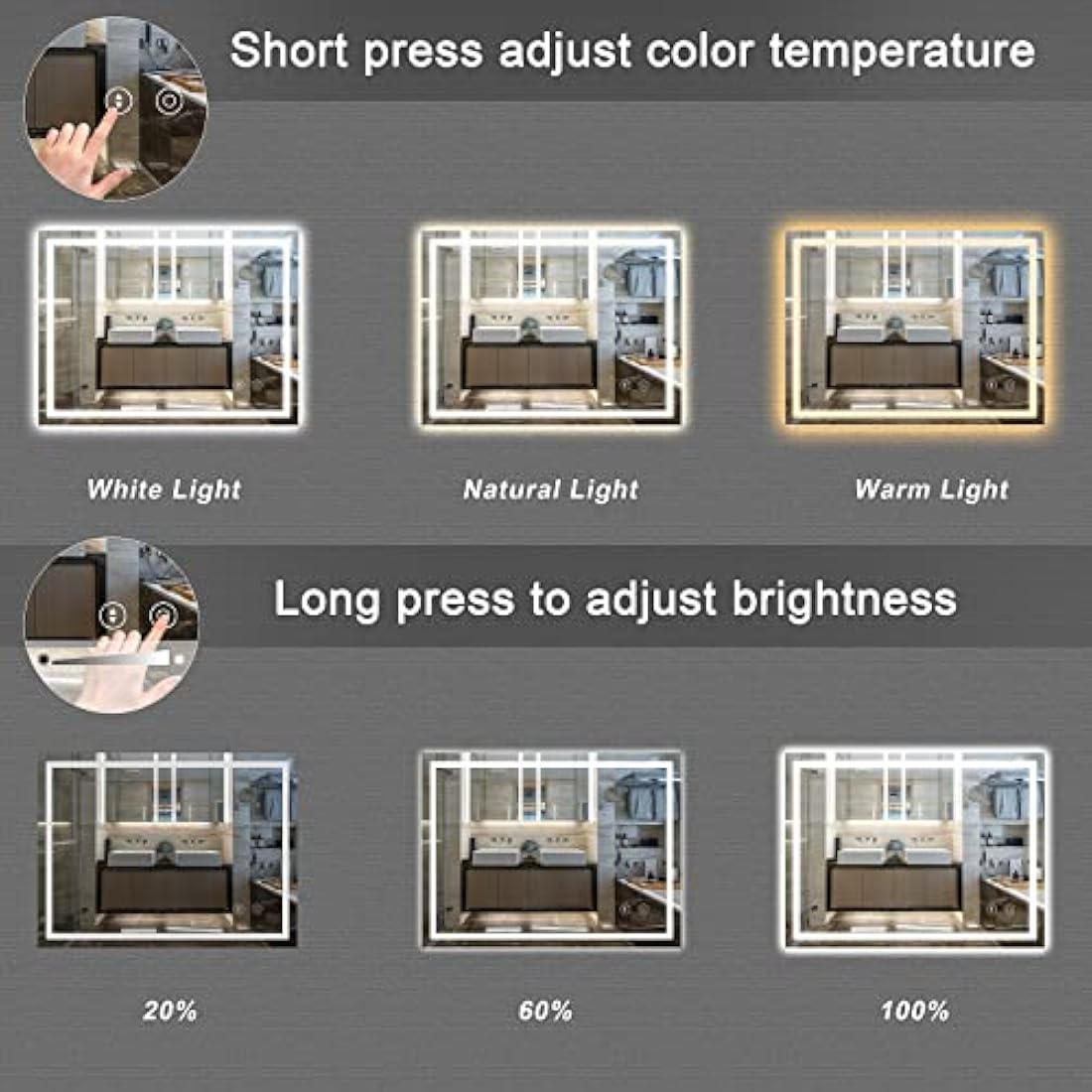 Dripex Bathroom Mirror with LED Lights, 500 * 700 MM Illuminated Backlit Wall Mounted Vanity Mirror Dimmable Switch 3 Colors and Demister Pad, Horizontal/Vertical