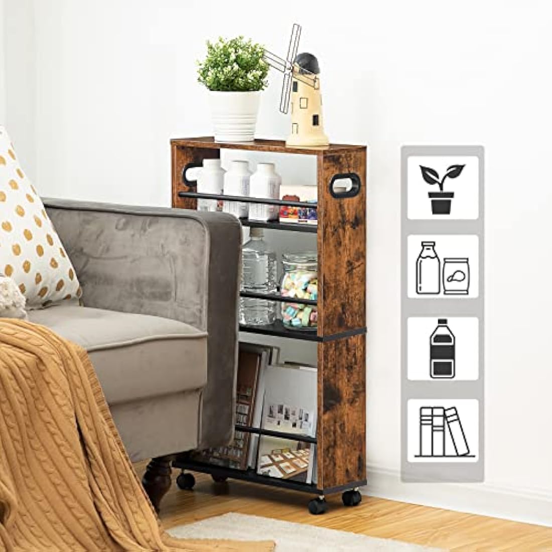 HOOBRO Slim Storage Trolley, Narrow Kitchen Cart for Small Space, Slide Out Kitchen Trolley on Wheels, 4-Tier Rolling Utility Cart with Handle, Bathroom, Living Room, Rustic Brown EBF15TC01