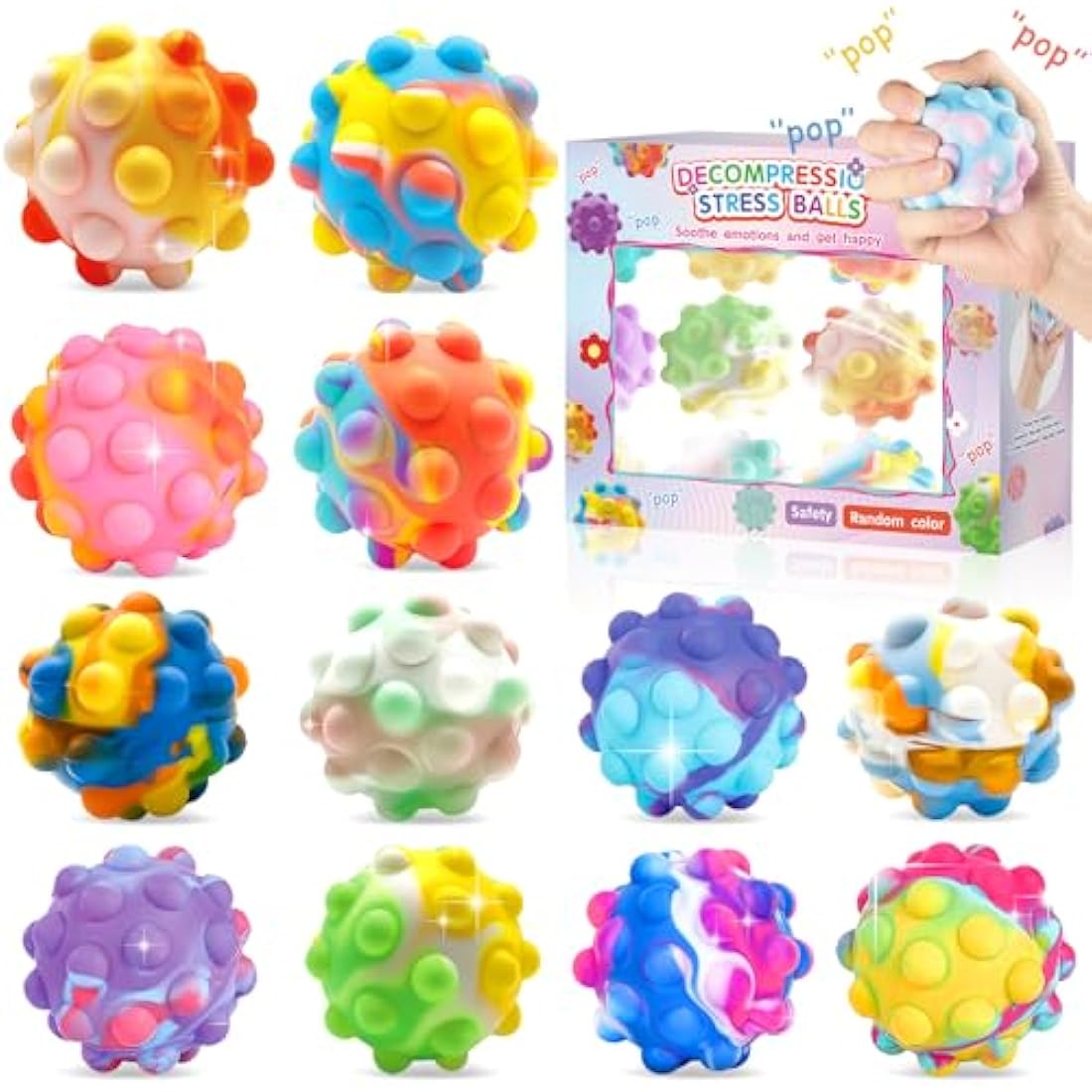 12 Pcs Pop Stress Ball Fidget Toys, 3D Push Bubbles Silicone Sensory Bubbles Balls for Kids, Sensory Pressure Ball Toy Anti Anxiety Relieve Stress Fit Kids Adults Hand Exercise (Random Color)