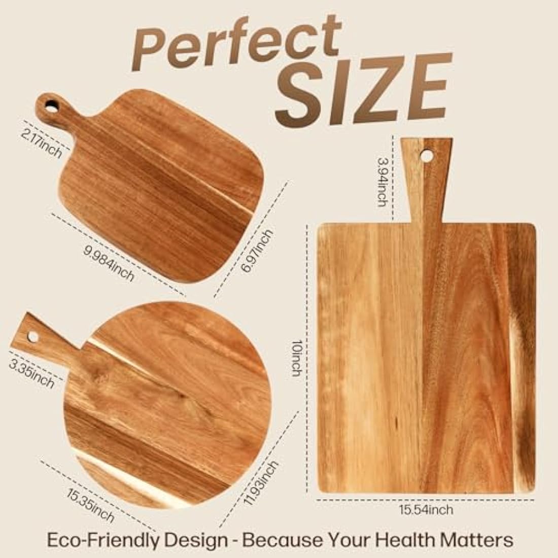 Acacia Round Cheese Board Set 3 Pack with Handles, Wooden Serving Board for Kitchen - Round, Rectangular, and Small Paddle Serving Trays for Cheese, Meat, Pizza, Bread, and Fruits