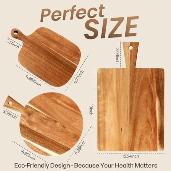 Acacia Round Cheese Board Set 3 Pack with Handles, Wooden Serving Board for Kitchen - Round, Rectangular, and Small Paddle Serving Trays for Cheese, Meat, Pizza, Bread, and Fruits