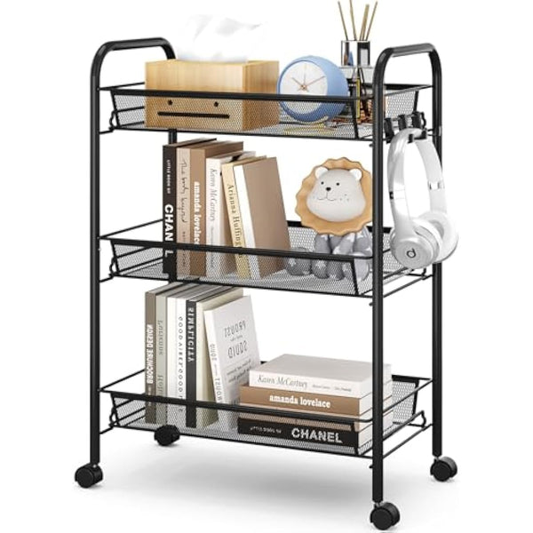 APEXCHASER 3-Tier Rolling Cart,Easy Assemble Mobile Storage Trolley On Wheels,Slide Out Utility Cart Shelving Units Kitchen Bathroom Laundry Room,Black