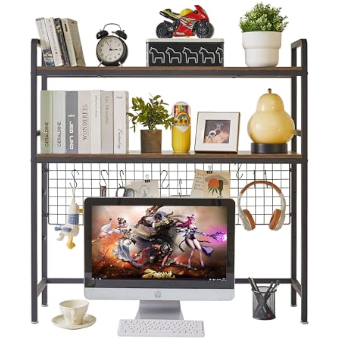 IBUYKE Computer Desktop Bookcase 2-Tier 37.5 Inch Multipurpose Wood Desk Hutch Bookshelf for Computer with Adjustable Shelf Display Rack Desk Organizer for Office Home Dormitory,Brown TMZ003H