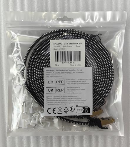 VOIETOLT Cat 8 Ethernet Cable 10M, High-Speed 40Gbps/2000Mhz Flat Braided Internet Cable, Gigabit STP RJ45 Network Cable Compatible for PS4/5, for Modem, PC/Laptop